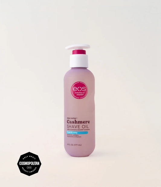 EOS Cashmere Shave Oil bottle on a white background. Purchase from americanbodycare.co.uk 