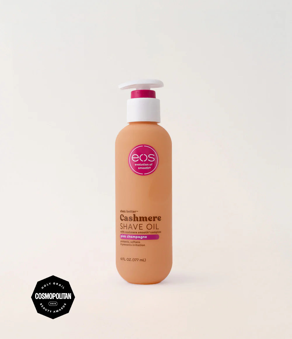 Bottle of eos Cashmere Shave Oil on a white background. Purchase from americanbodycare.co.uk