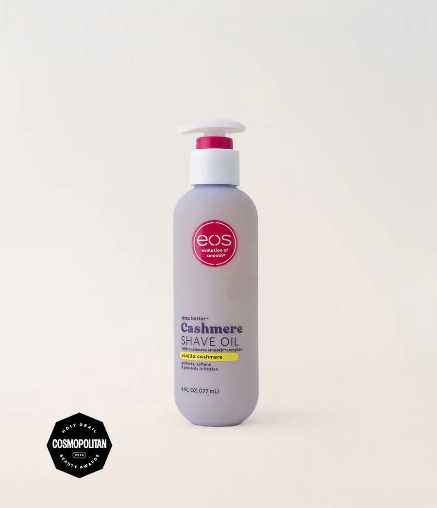 Shave oil bottle with eos logo on a light gray background. Purchase from americanbodycare.co.uk