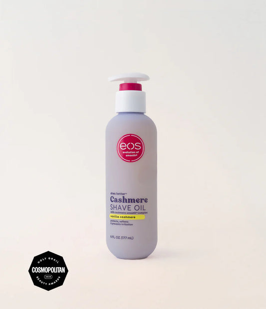 Shave oil bottle with eos logo on a light gray background. Purchase from americanbodycare.co.uk