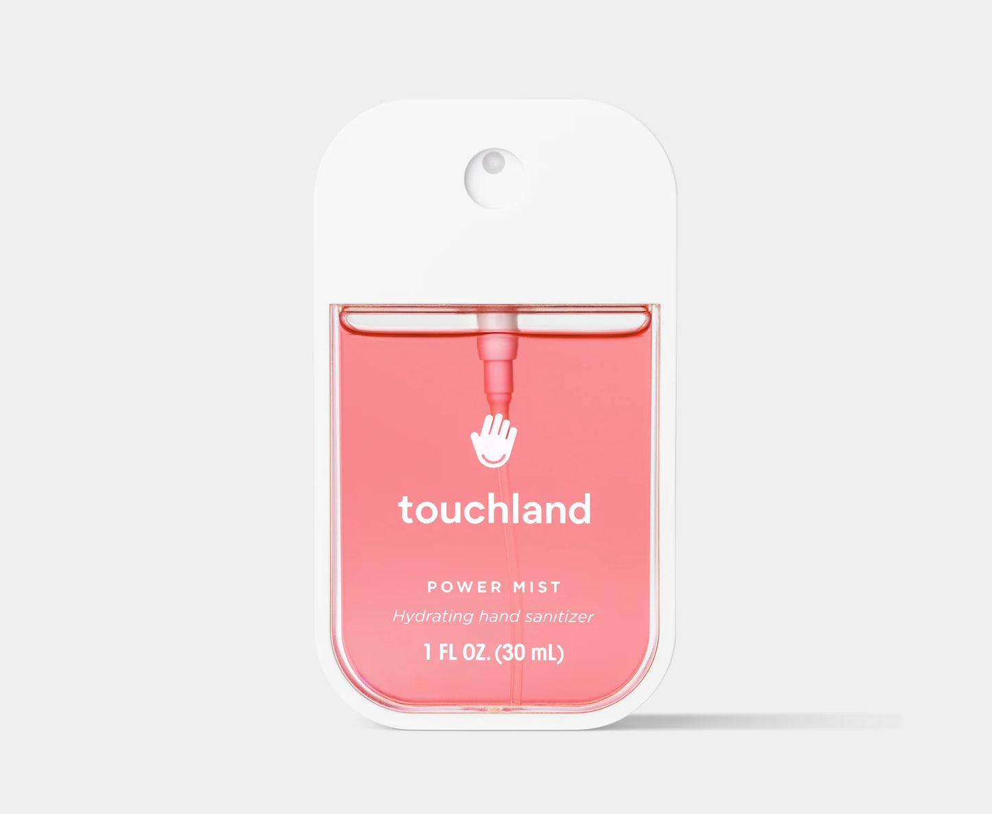 Touchland power mist hand sanitizer packaging on a light gray background. Purchase from americanbodycare.co.uk