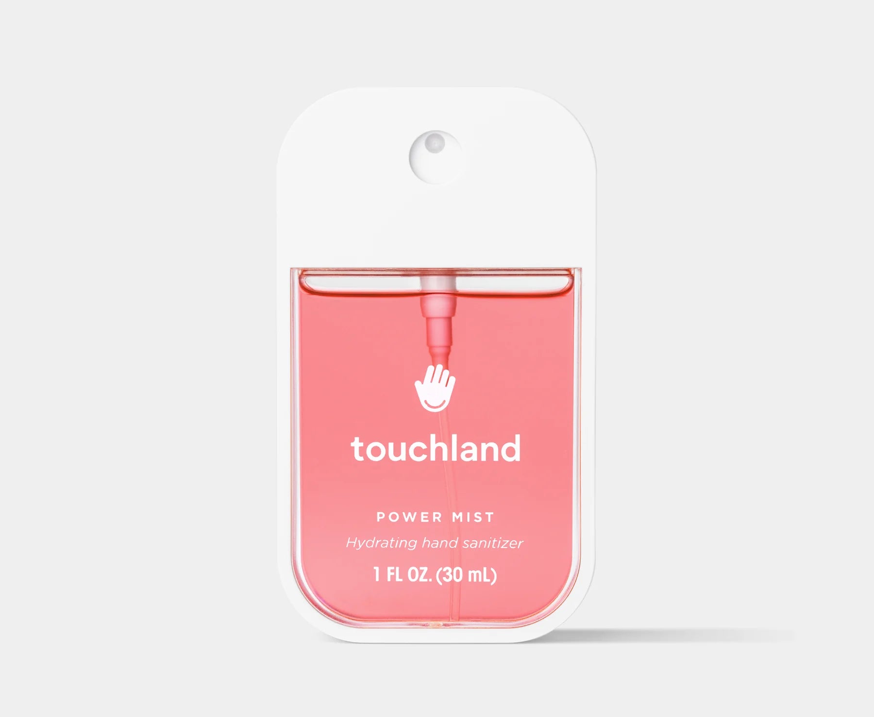 Touchland power mist hand sanitizer packaging on a light gray background. Purchase from americanbodycare.co.uk