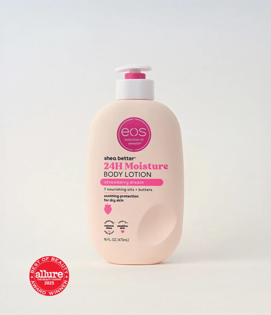 EOS shea butter 24-hour moisture body lotion bottle on a white background with Allure Best of Beauty 2025 award . Purchase from americanbodycare.co.uk badge.