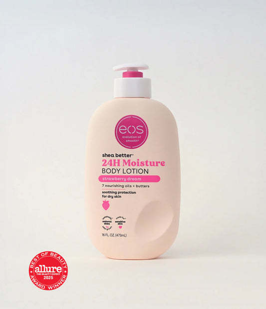 EOS shea butter 24-hour moisture body lotion bottle on a white background with Allure Best of Beauty 2025 award . Purchase from americanbodycare.co.uk badge.