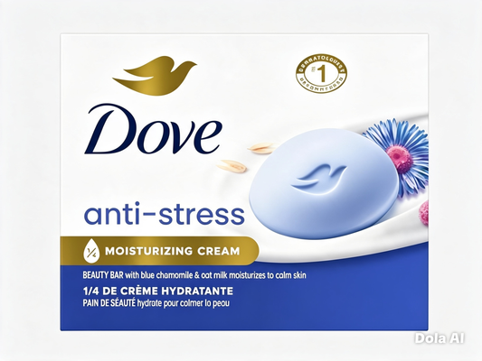 Dove Anti-Stress Moisturizing Cream Beauty Bar packaging, featuring a blue oval bar soap graphic on a white and blue box with a gold Dove logo. Purchase from www.americanbodycare.co.uk 