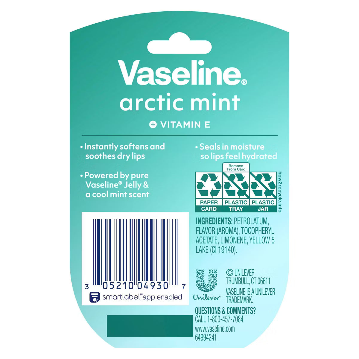 Vaseline Arctic Mint Vitamin E lip balm packaging card, featuring a teal and light blue design with product details, a barcode, and recycling icons on a white background. purchase from www.americanbodycare.co.uk