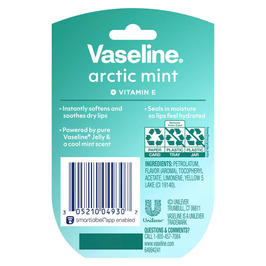 Vaseline Arctic Mint Vitamin E lip balm packaging card, featuring a teal and light blue design with product details, a barcode, and recycling icons on a white background. purchase from www.americanbodycare.co.uk