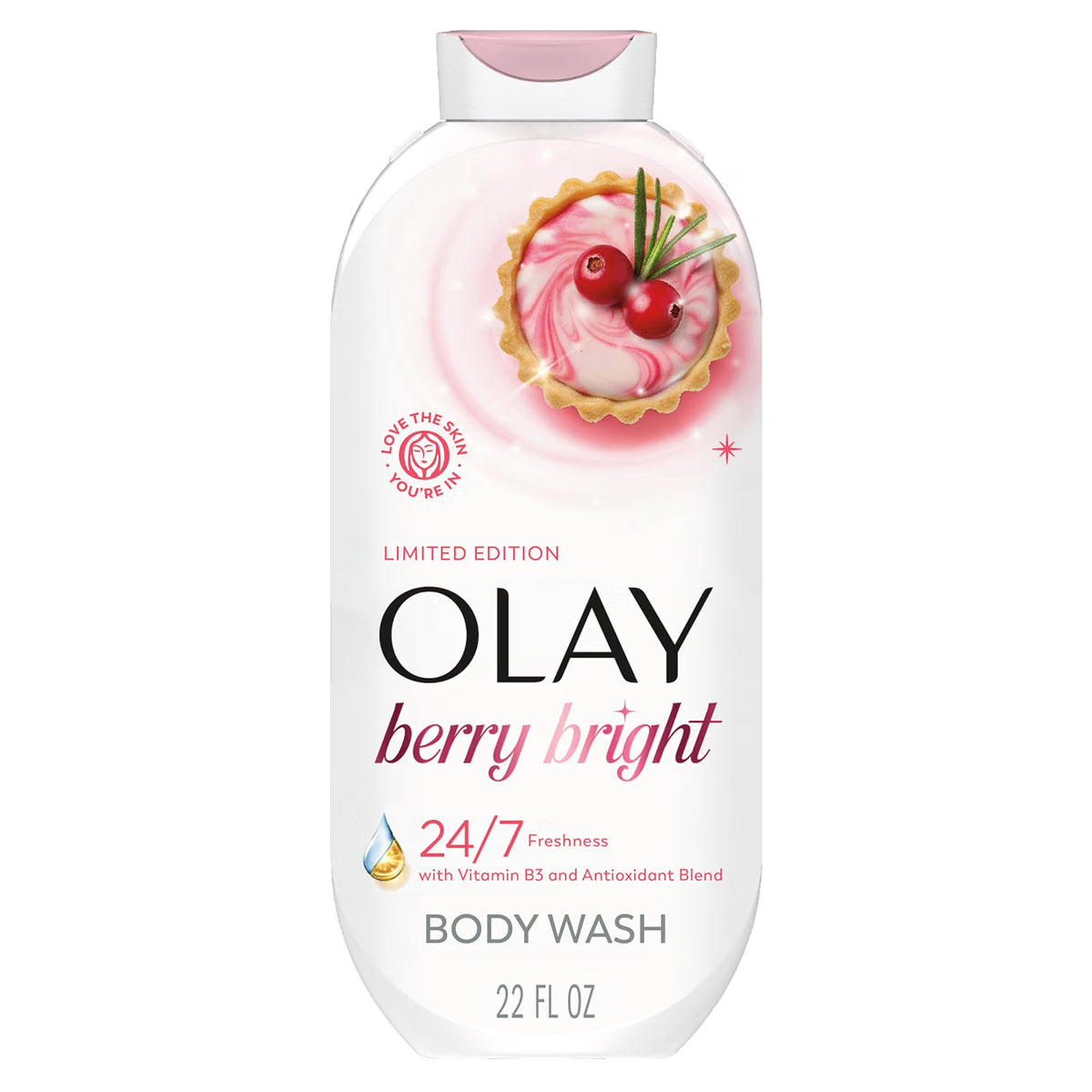A 22 fl oz bottle of Olay Berry Bright Body Wash, Limited Edition, featuring a white bottle with a pink and red berry tart illustration on the front label. purchase from www.americanbodycare.co.uk