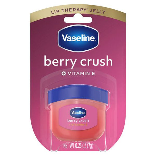 Vaseline Berry Crush lip therapy jelly in a small jar, sealed in its original pink and gold retail blister card packaging. www.americanbodycare.co.uk
