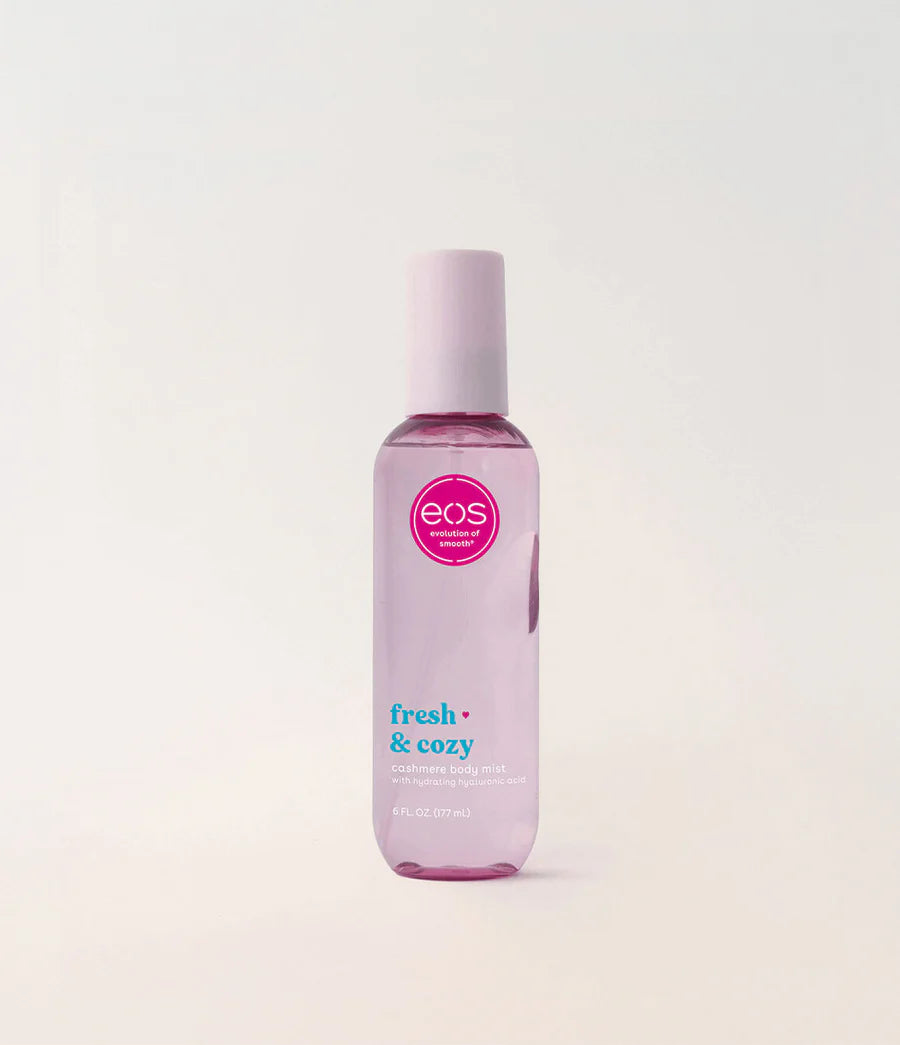  eos bottle of fresh & cozy on a light gray background. Purchase from americanbodycare.co.uk 
