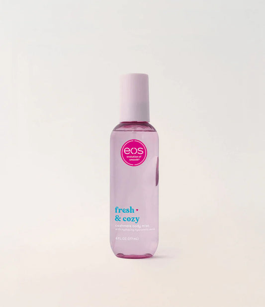  eos bottle of fresh & cozy on a light gray background. Purchase from americanbodycare.co.uk 