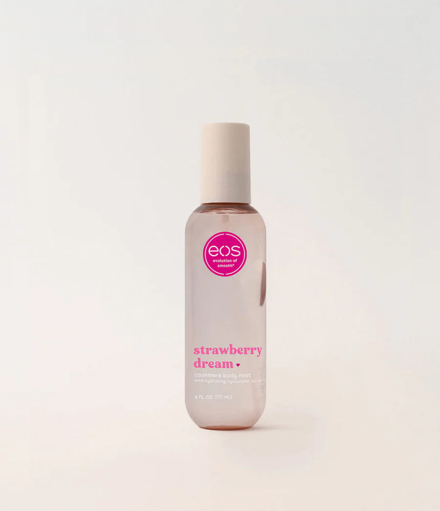 EOS Strawberry Dream lip balm bottle on a light beige background. Purchase from americanbodycare.co.uk 