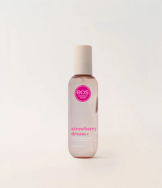 EOS Strawberry Dream lip balm bottle on a light beige background. Purchase from americanbodycare.co.uk 