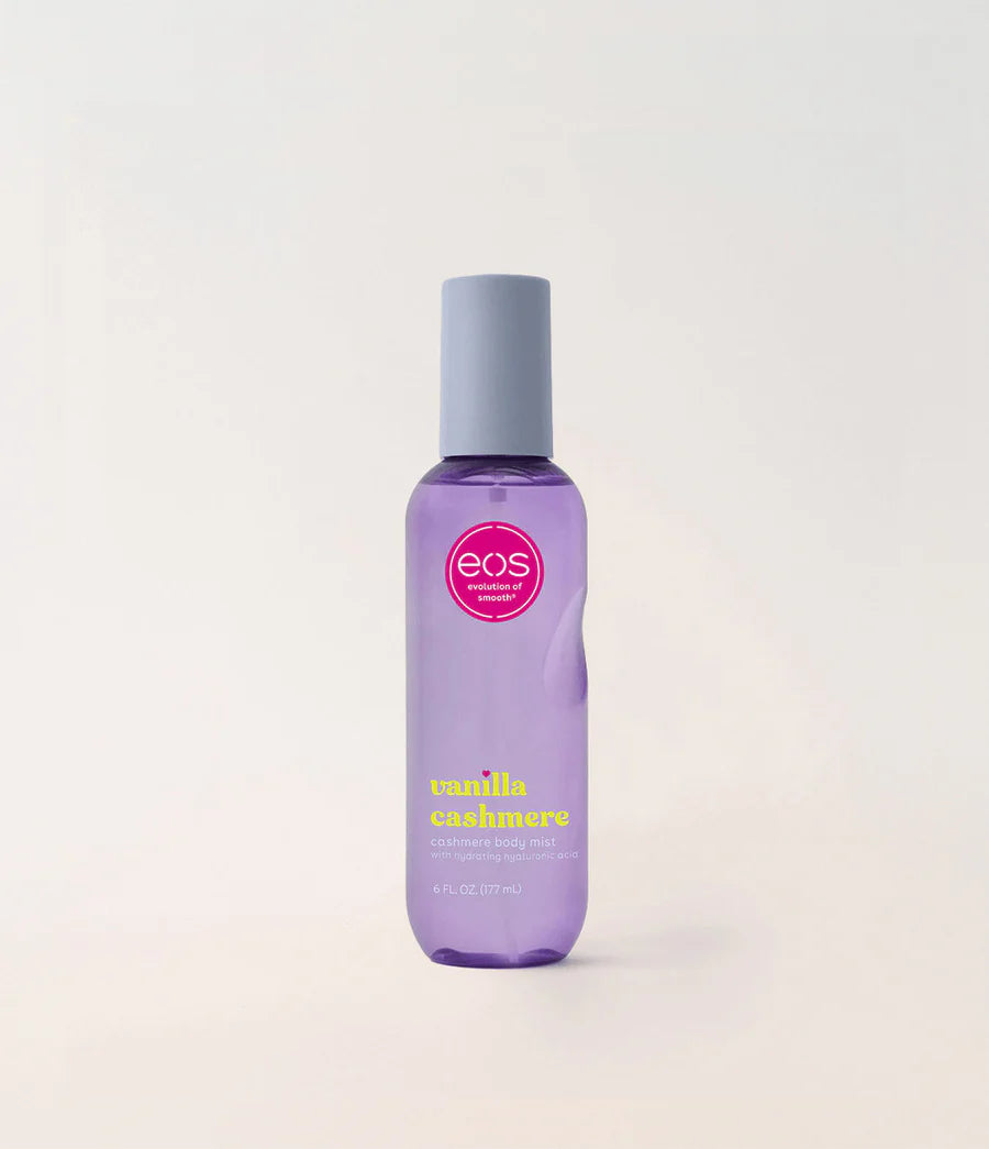 Purple bottle of EOS Vanilla Cashmere hand lotion on a light gray background. Purchase from americanbodycare.co.uk 