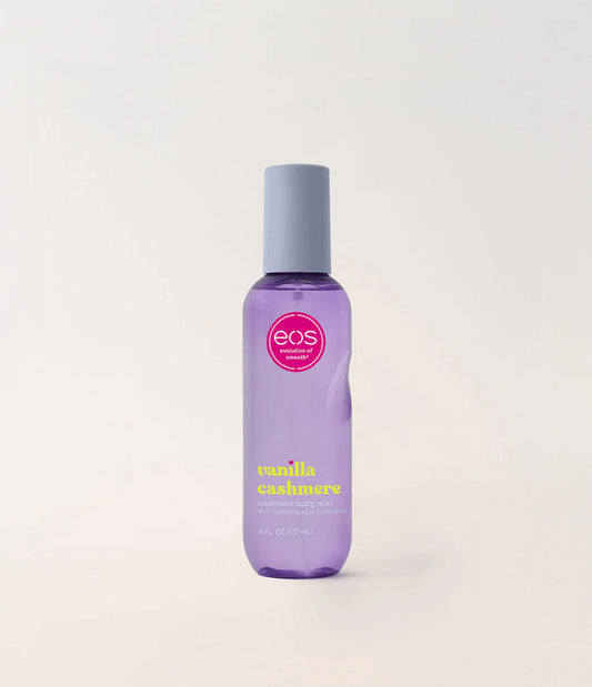 Purple bottle of EOS Vanilla Cashmere hand lotion on a light gray background. Purchase from americanbodycare.co.uk 