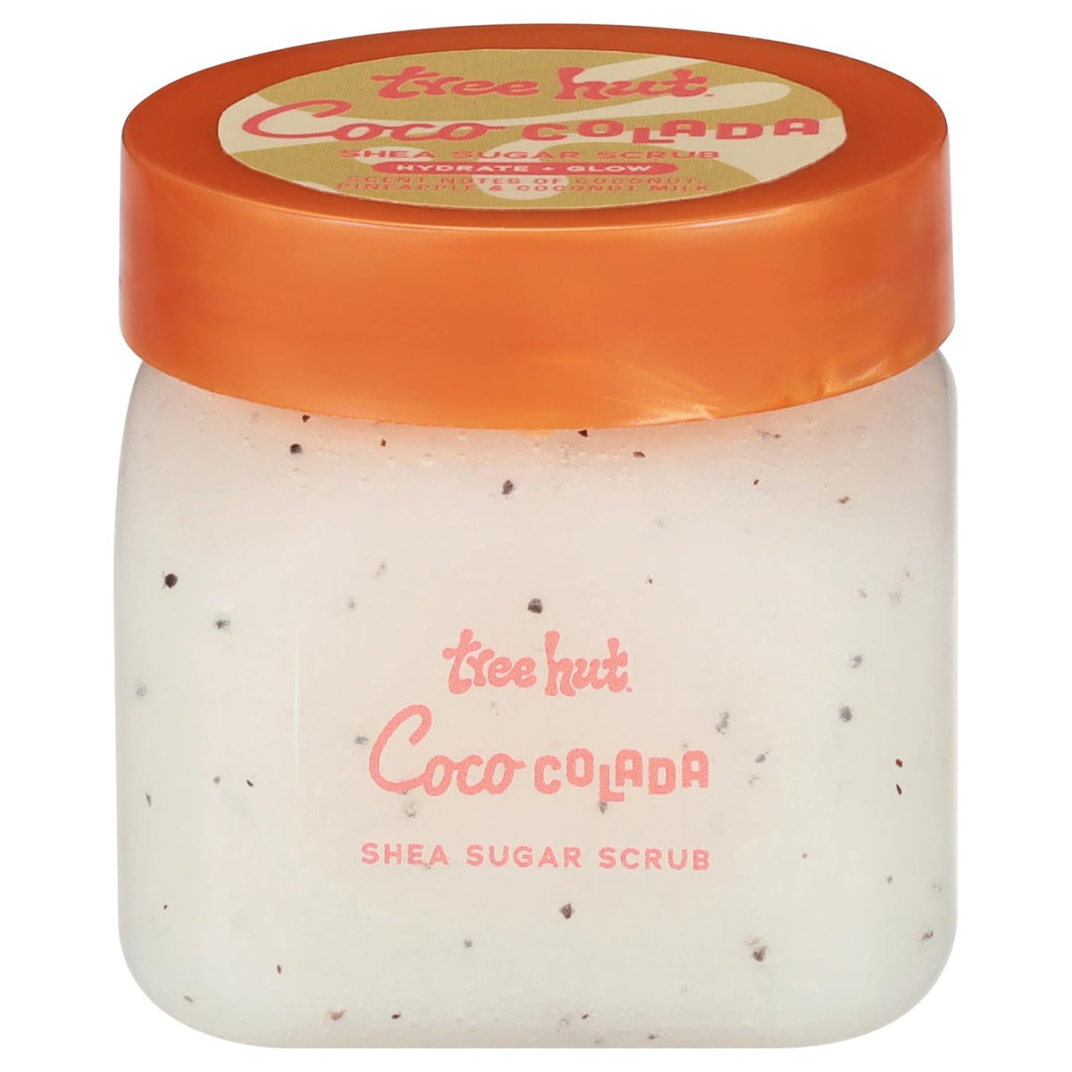 Jar of Tree Hut Coco Colada Shea Sugar Scrub with orange lid on a white background. purchase from www.americanbodycare.co.uk