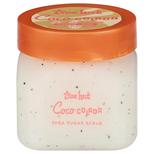 Jar of Tree Hut Coco Colada Shea Sugar Scrub with orange lid on a white background. purchase from www.americanbodycare.co.uk