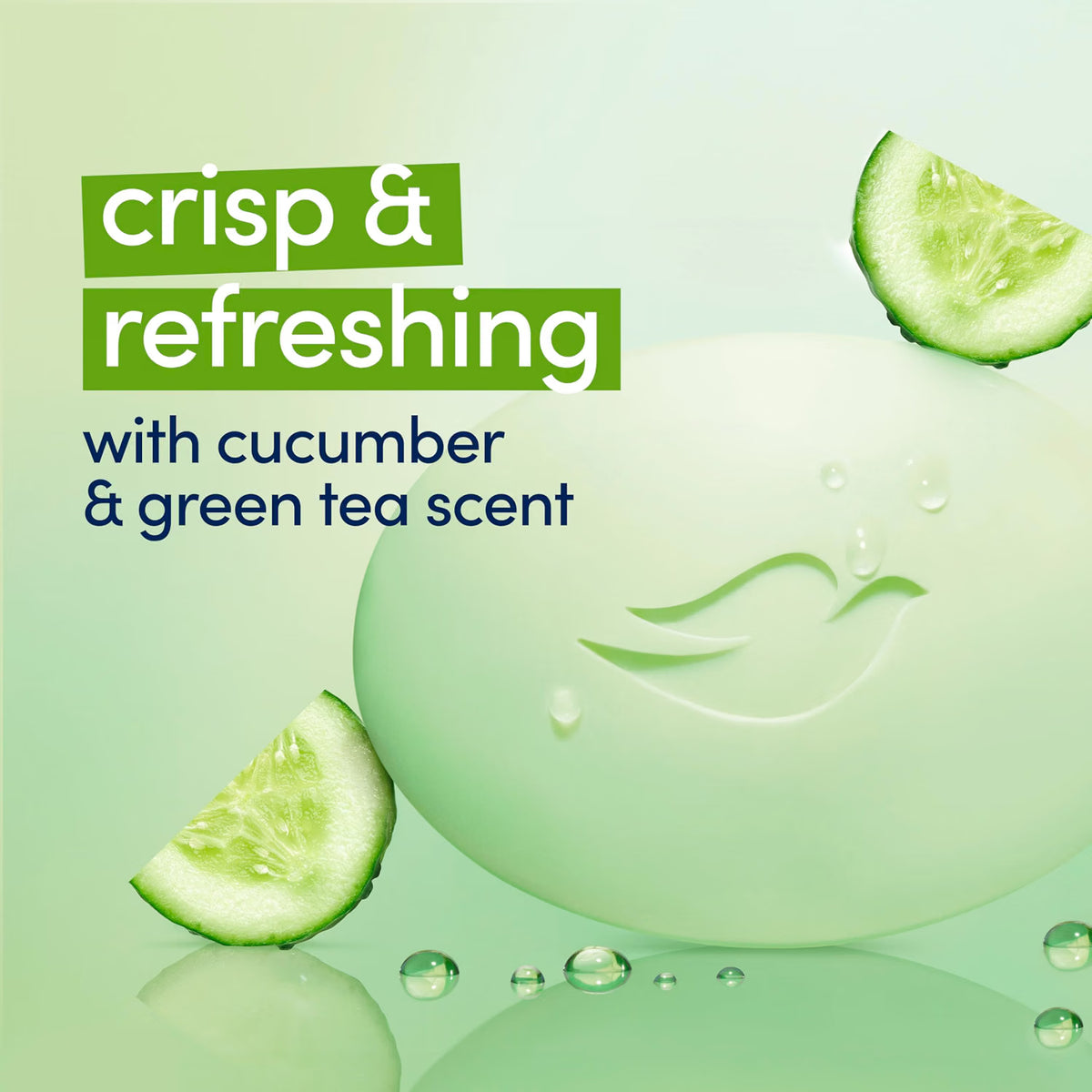 A pale mint-green oval soap bar with a bird emblem embossed on it, styled with cucumber slices and water droplets on a light green background. Text on the left reads 'crisp & refreshing with cucumber & green tea scent'. Dove Cool Moisture body bar packaging on a green background. purchase from www.americanbodycare.co.uk