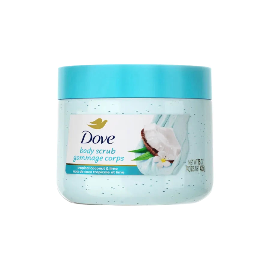 Dove body scrub in a light blue speckled jar with a bright turquoise lid, labeled tropical coconut & lime. purchase from www.americanbodycare,.co.uk