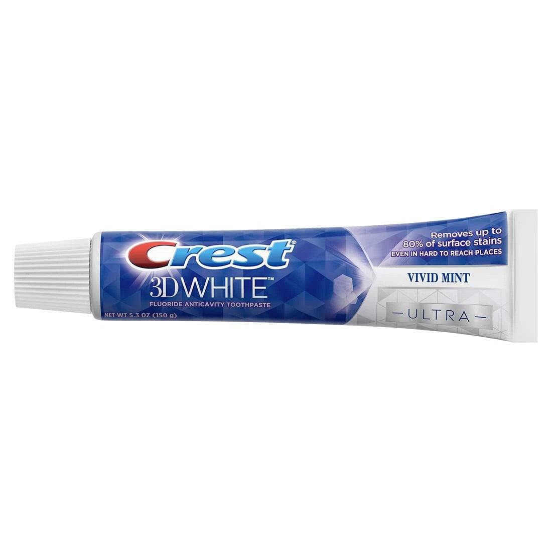 A tube of Crest 3D White Vivid Mint Fluoride Anticavity Toothpaste on a plain white background. Purchase from www.americanbodycare.co.uk