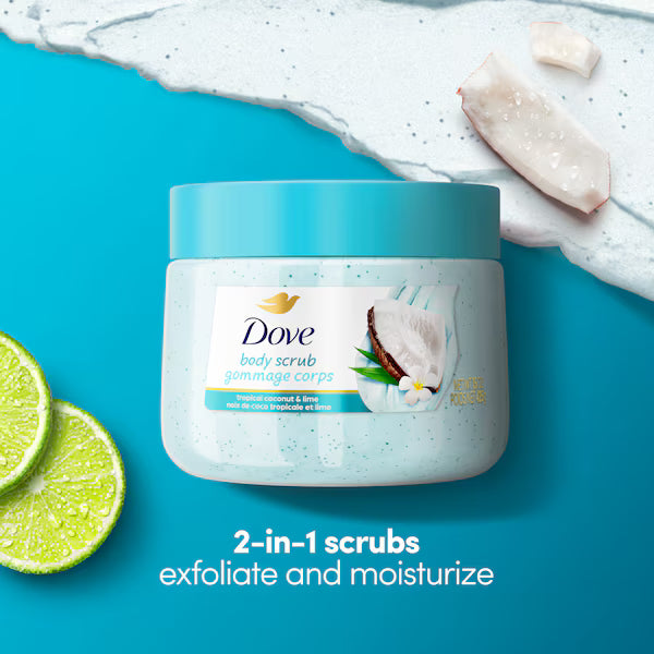 Dove body scrub jar with lime slices on a blue background. purchase from www.americanbodycare.co.uk