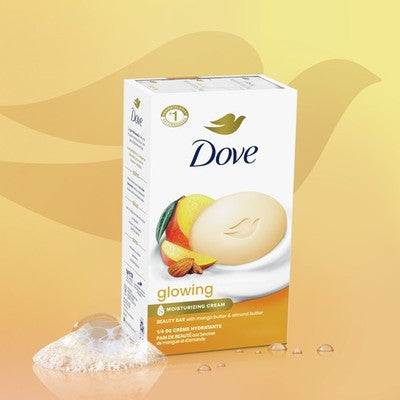 Dove soap box with a yellow background.purchase from www.americanbodycare.co.uk