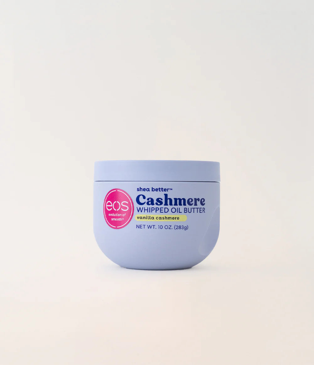 Eos Cashmere whipped oil butter container on a light beige background. Purchase from americanbodycare.co.uk