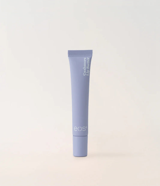 Blue lip balm tube with 'eos' branding on a light beige background. Purchase from www.americanbodycare.co.uk 