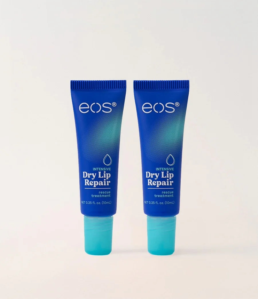 Two blue lip balm tubes labeled 'Intensive Dry Lip Repair' by eos on a white background. Purchase from americanbodycare.co.uk