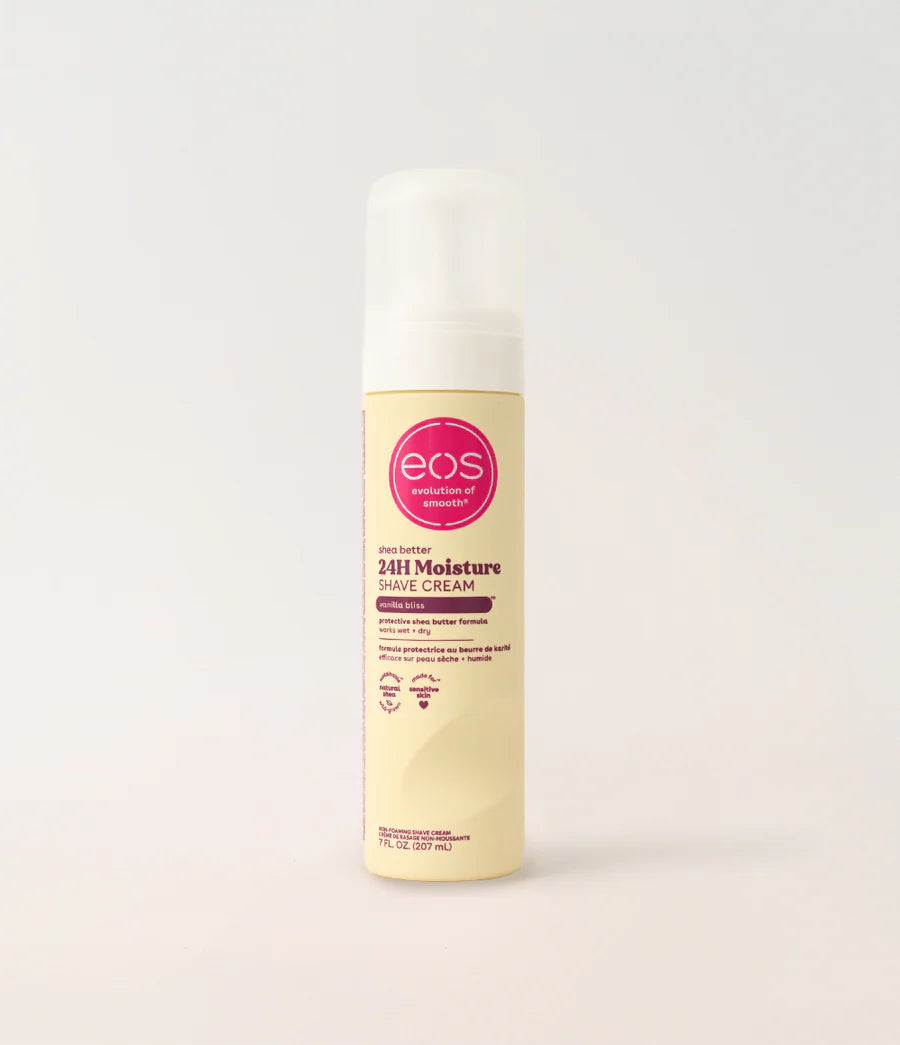 eos 24/7 Moisture Shave Cream bottle on a light gray background. Purchase from americanbodycare.co.uk 