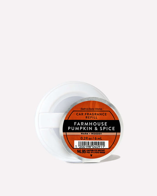 A roll of car fragrance refill with a circular label reading 'Farmhouse Pumpkin & Spice' by Bath & Body Works, shown on a clean white background. purchase from www.americanbodycare.co.uk