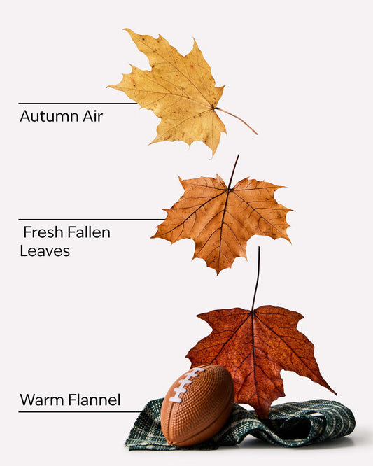 Three autumn maple leaves in yellow, orange, and brown are arranged vertically on a light gray background, with text labels reading 'Autumn Air,' 'Fresh Fallen Leaves,' and 'Warm Flannel,' plus a football and plaid flannel cloth at the bottom. A Pocket the Rac Football Season anti-bacterial hand gel bottle by Bath & Body Works, featuring a metallic gold cap and a white label with autumn-themed illustrations, set against a plain light gray background. www.americanbodycare.co.uk