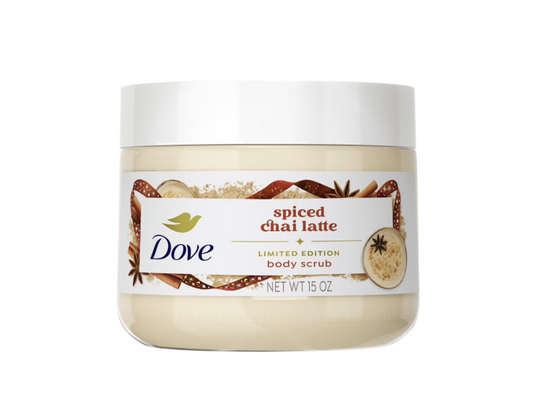 A jar of Dove Spiced Chai Latte Limited Edition body scrub, featuring a white lid and a cream-colored body with a decorative label showing cinnamon and star anise illustrations. purchase from www.americanbodycare.co.uk