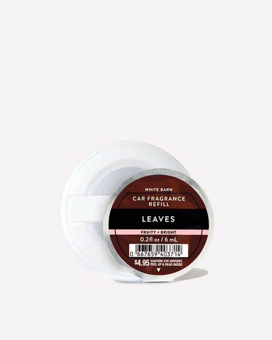 A single spool of White Barn Car Fragrance Refill in the scent 'Leaves', shown on a clean white background. purchase from www.americanbodycare.co.uk