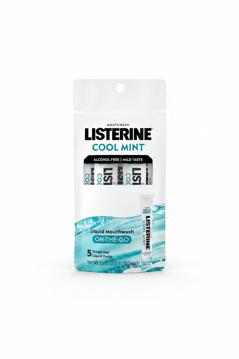 Listerine Cool Mint mouthwash packaging with liquid packs on a white background. purchase from www.americanbodycare.co.uk