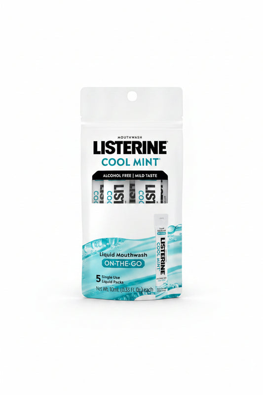 Listerine Cool Mint mouthwash packaging with liquid packs on a white background. purchase from www.americanbodycare.co.uk