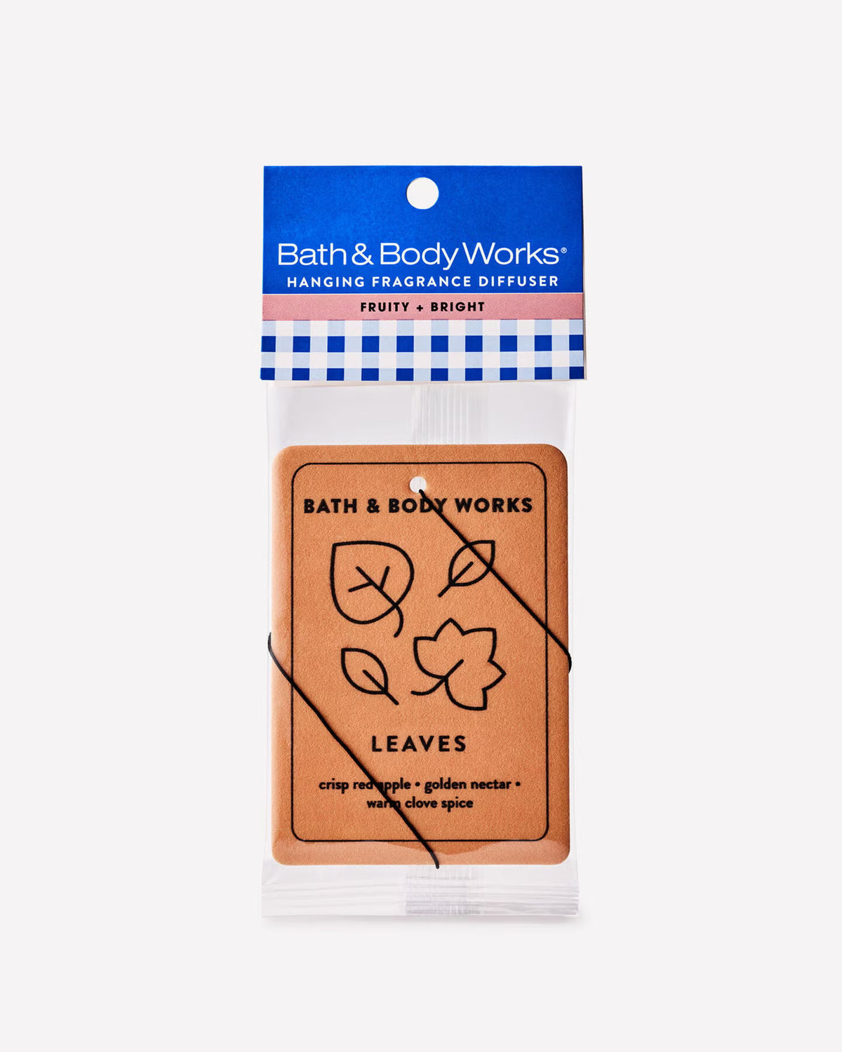 Bath & Body Works hanging fragrance diffuser in the Leaves scent, packaged in a clear plastic bag with a blue and white branded header card. Purchase from www.americanbodycare.co.uk
