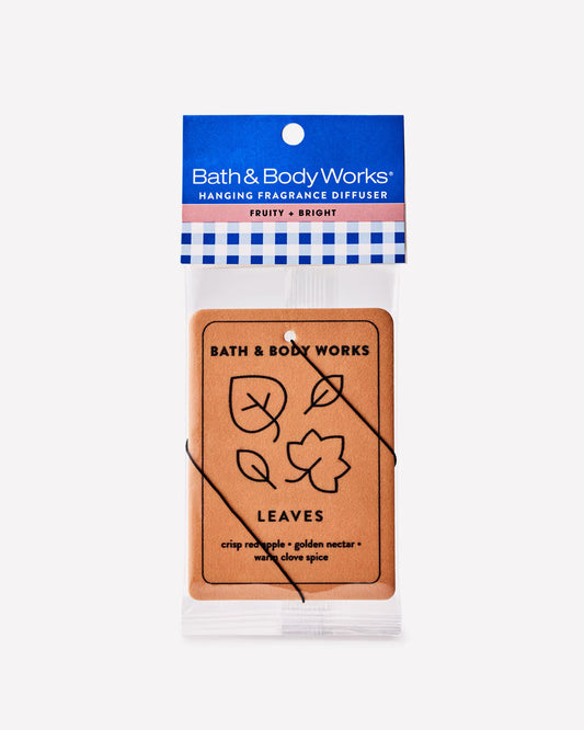 Bath & Body Works hanging fragrance diffuser in the Leaves scent, packaged in a clear plastic bag with a blue and white branded header card. Purchase from www.americanbodycare.co.uk