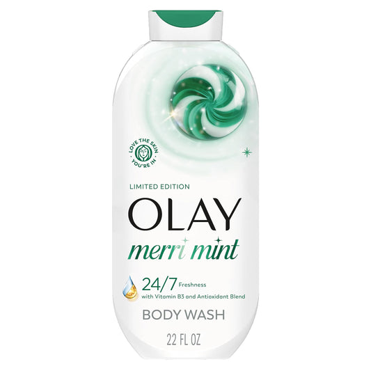 A 22 fl oz bottle of Olay Merri Mint Body Wash, Limited Edition, featuring a white bottle with a green cap and a green and white swirl graphic on the front. purchase from www.americanbodycare.co.uk