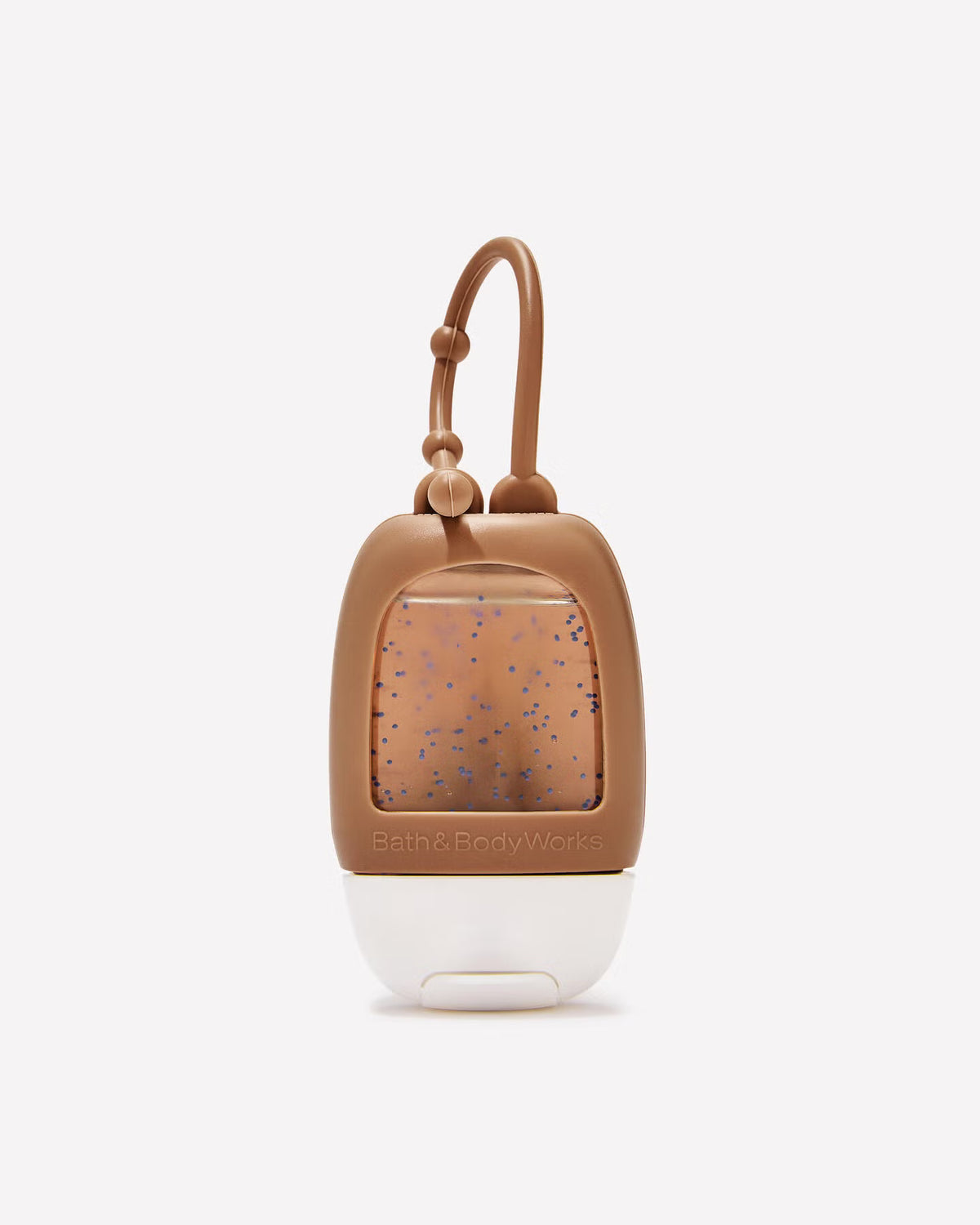 A Bath Body Works hand sanitizer bottle with a brown cap and strap, featuring a clear window showing a speckled amber liquid, on a light gray background. purchase from www.americanbodycare.co.uk