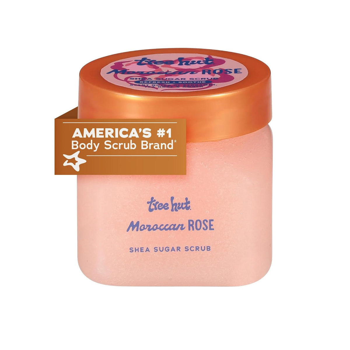 A jar of Tree Hut Moroccan Rose Shea Sugar Scrub with a peach-pink body and a metallic copper lid, shown on a white background with a brown 'America's #1 Body Scrub Brand' . purchase from www.americanbodycare.co.uk