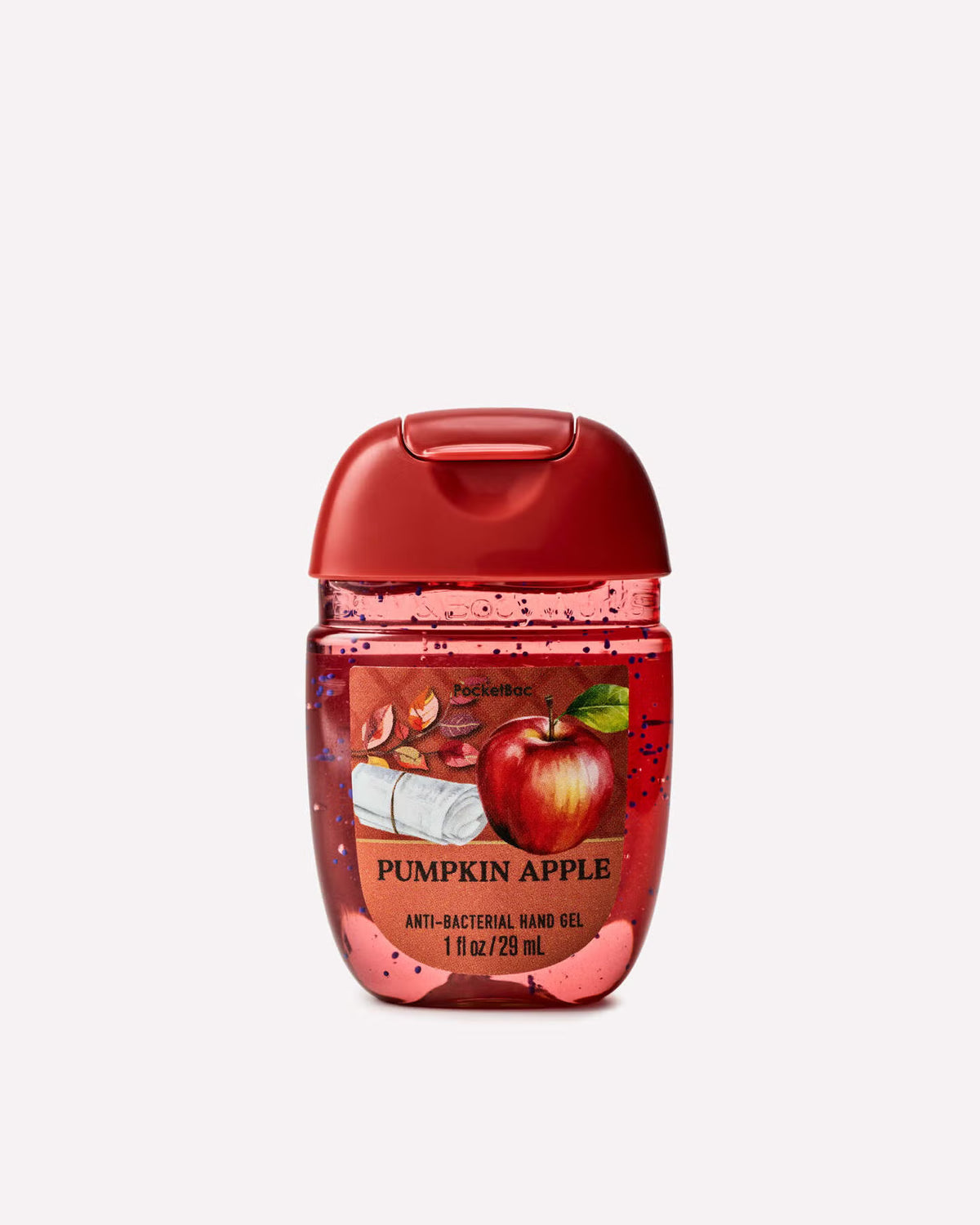 A small red pump bottle of Bath Body Works Pumpkin Apple hand gel with a matching red flip-top cap, shown on a plain light gray background. purchase from www.americanbodycare.co.uk