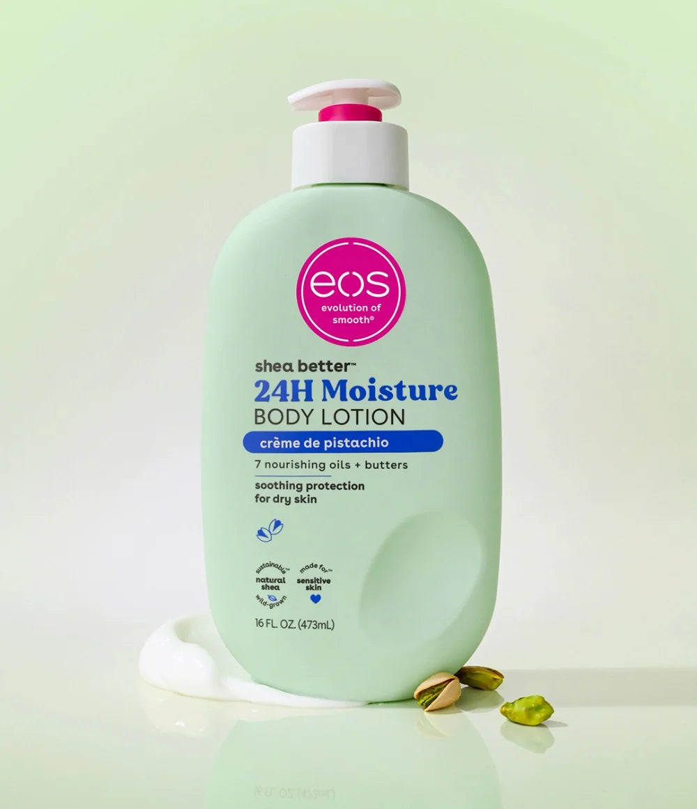 Green bottle of eos 24H Moisture Body Lotion on a light green background. purchase from www.americanbodycare.co.uk