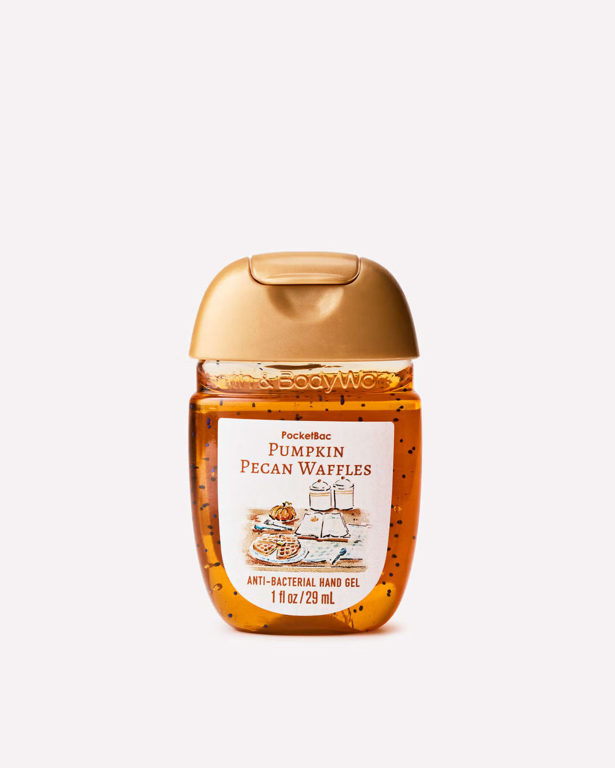 Pocket Rac Pumpkin Pecan Waffles anti-bacterial hand gel in a 1 fl oz (29 mL) squeeze bottle with a gold cap, shown on a light gray background. purchase from www.americanbodycare.co.uk