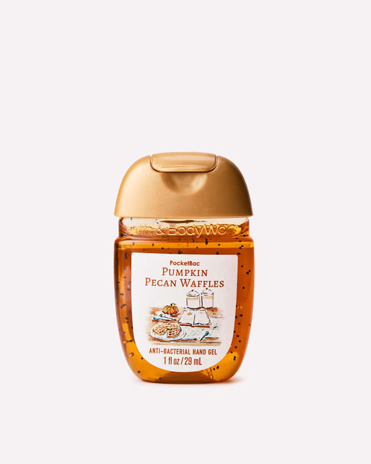 Pocket Rac Pumpkin Pecan Waffles anti-bacterial hand gel in a 1 fl oz (29 mL) squeeze bottle with a gold cap, shown on a light gray background. purchase from www.americanbodycare.co.uk
