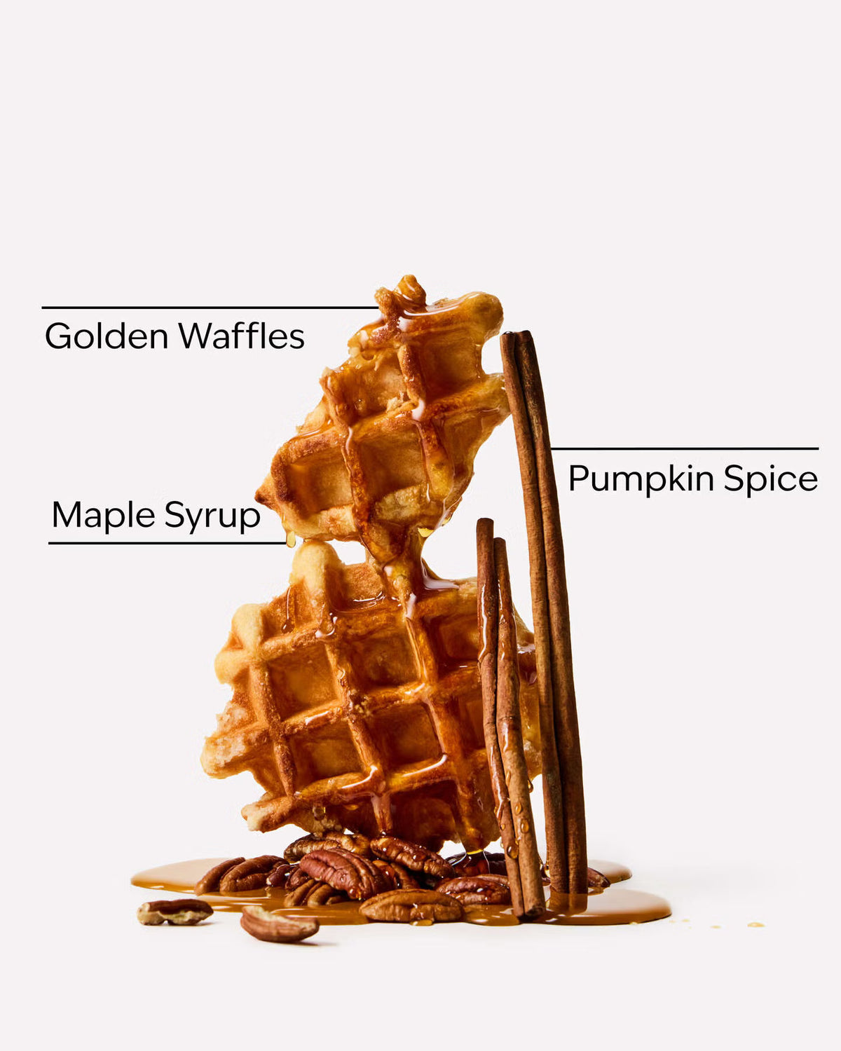 A styled food product shot of a golden waffle with maple syrup, pumpkin spice, and pecans on a clean white background, with text labels pointing to the ingredients. Pocket Rac Pumpkin Pecan Waffles anti-bacterial hand gel in a 1 fl oz (29 mL) squeeze bottle with a gold cap, shown on a light gray background. purchase from www.americanbodycare.co.uk