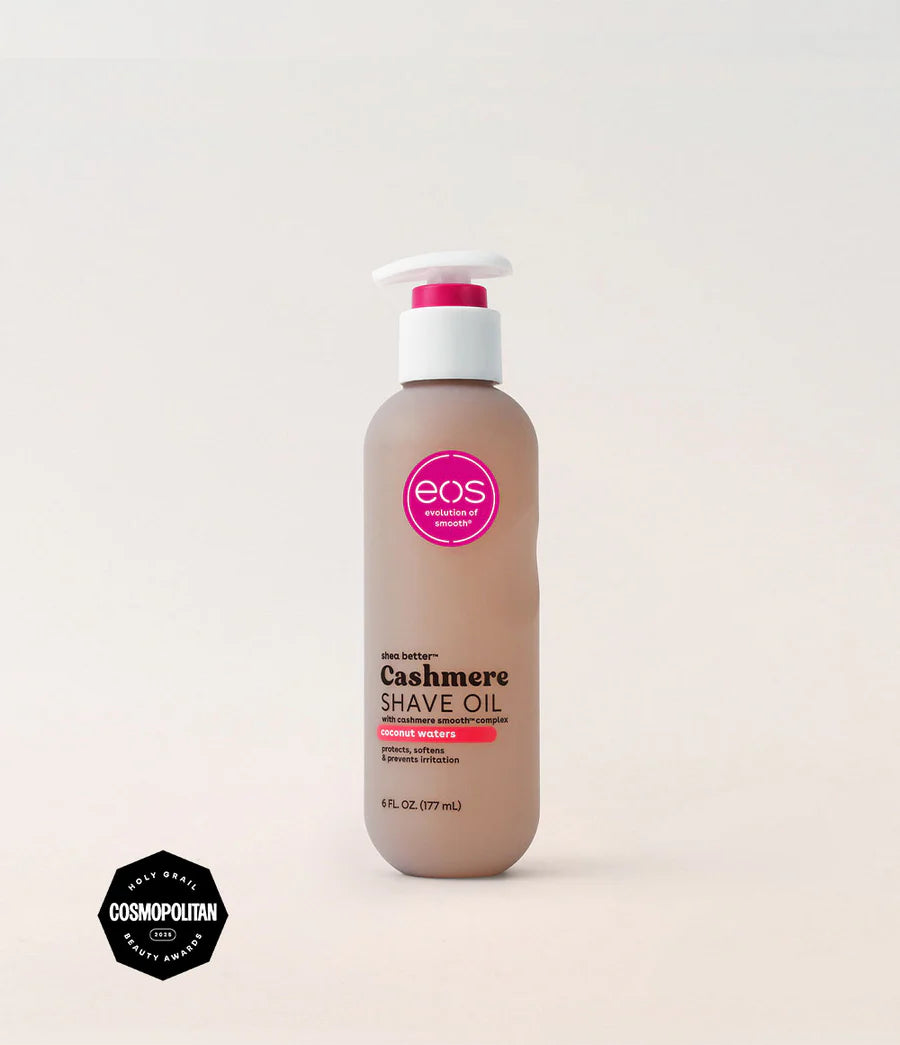 EOS Cashmere Shave Oil bottle on a beige background. Purchase from americanbodycare.co.uk 