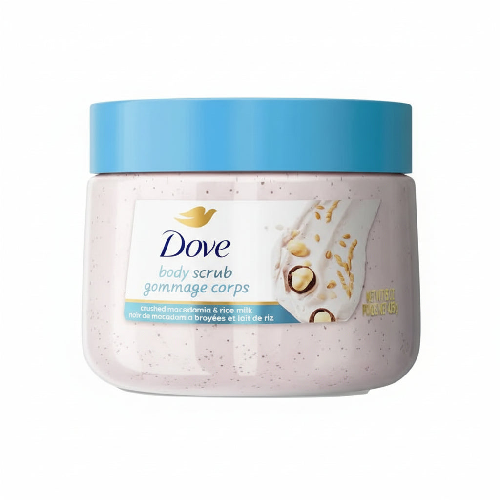 Dove body scrub jar with blue lid and visible label on a white background. Purchase from americanbodycare.co.uk