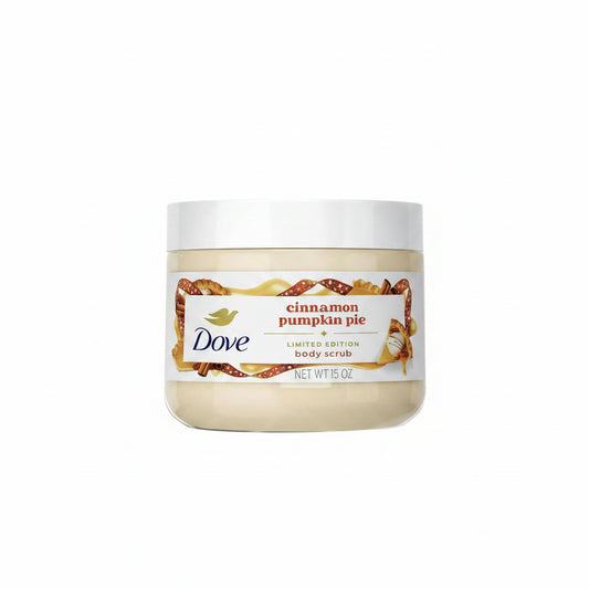 Dove cinnamon pumpkin pie body scrub jar on a white background. purchase from www.americanbodycare.co.uk