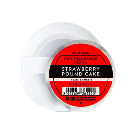 Car fragrance refill container labeled 'Strawberry Pound Cake' on a white background. Purchase from www.americanbodycare.co.uk 